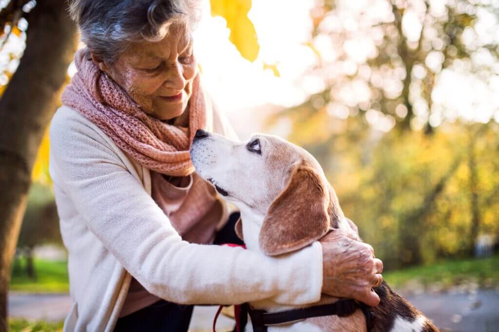 dog and older lady in the park